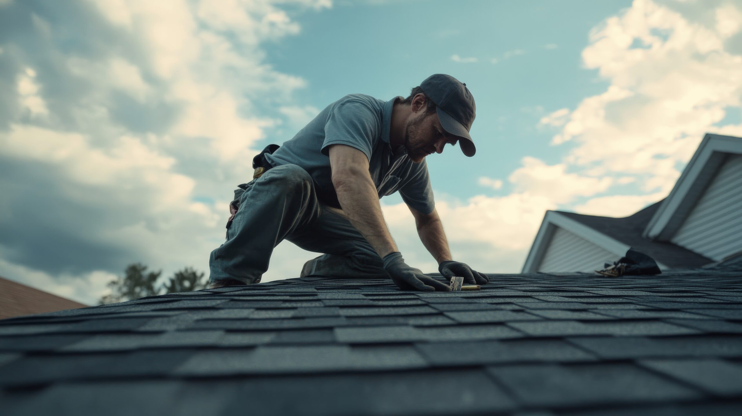 Professional roofer installing shingles on residential roof